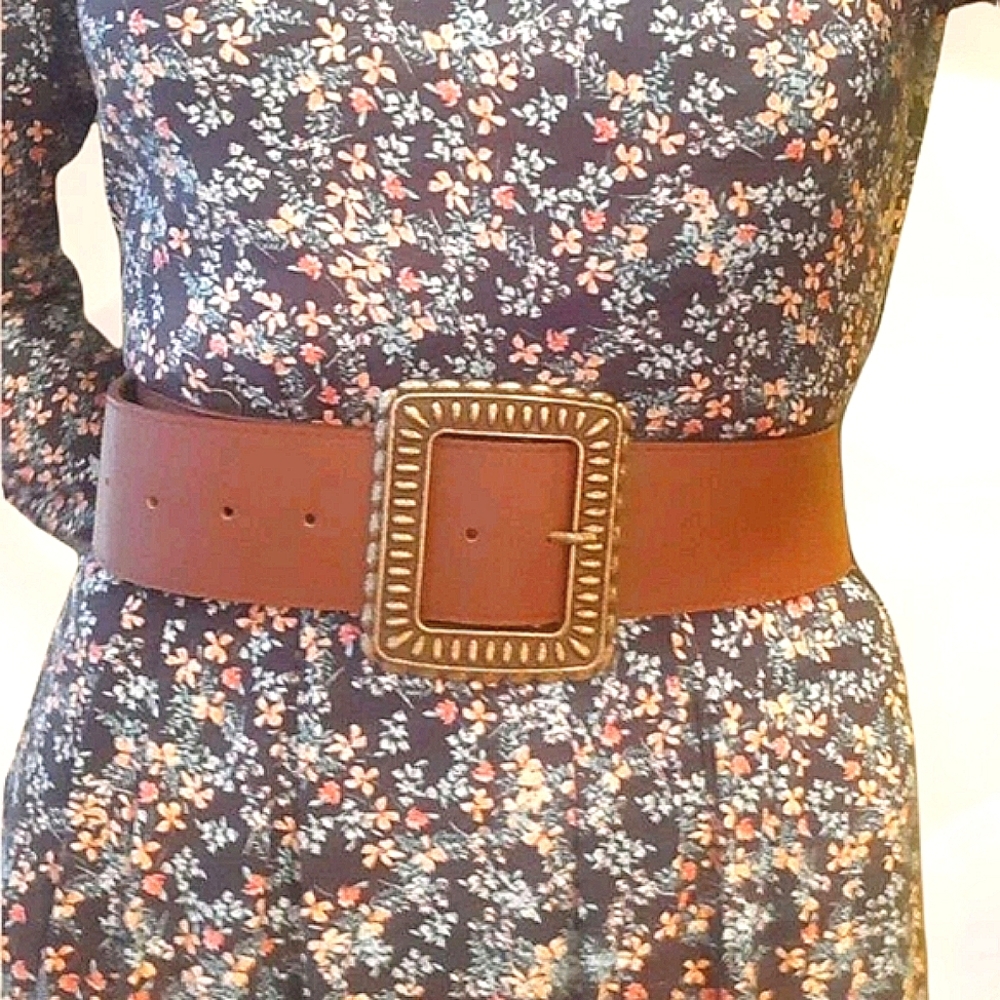 Wide brown vegan leather boho chic vintage big bronze buckle waist belt - Picture 11 of 15